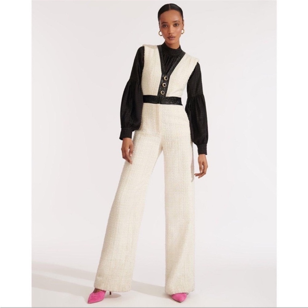 Veronica Beard Emmeline Lurex Tweed Faux Leather Wide Leg Jumpsuit Size 0 Ivory